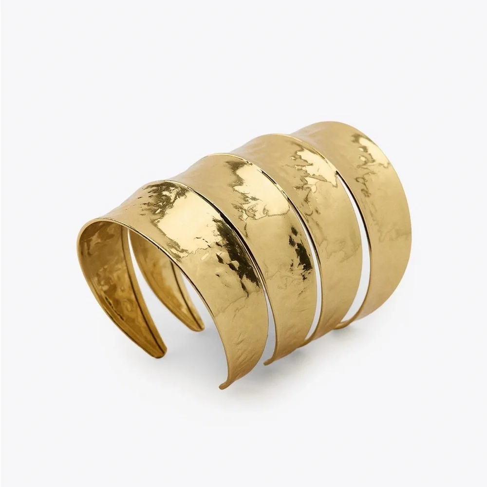 NWOT. Zara Golden Four-Row Embossed Metal Cuff Bracelet.